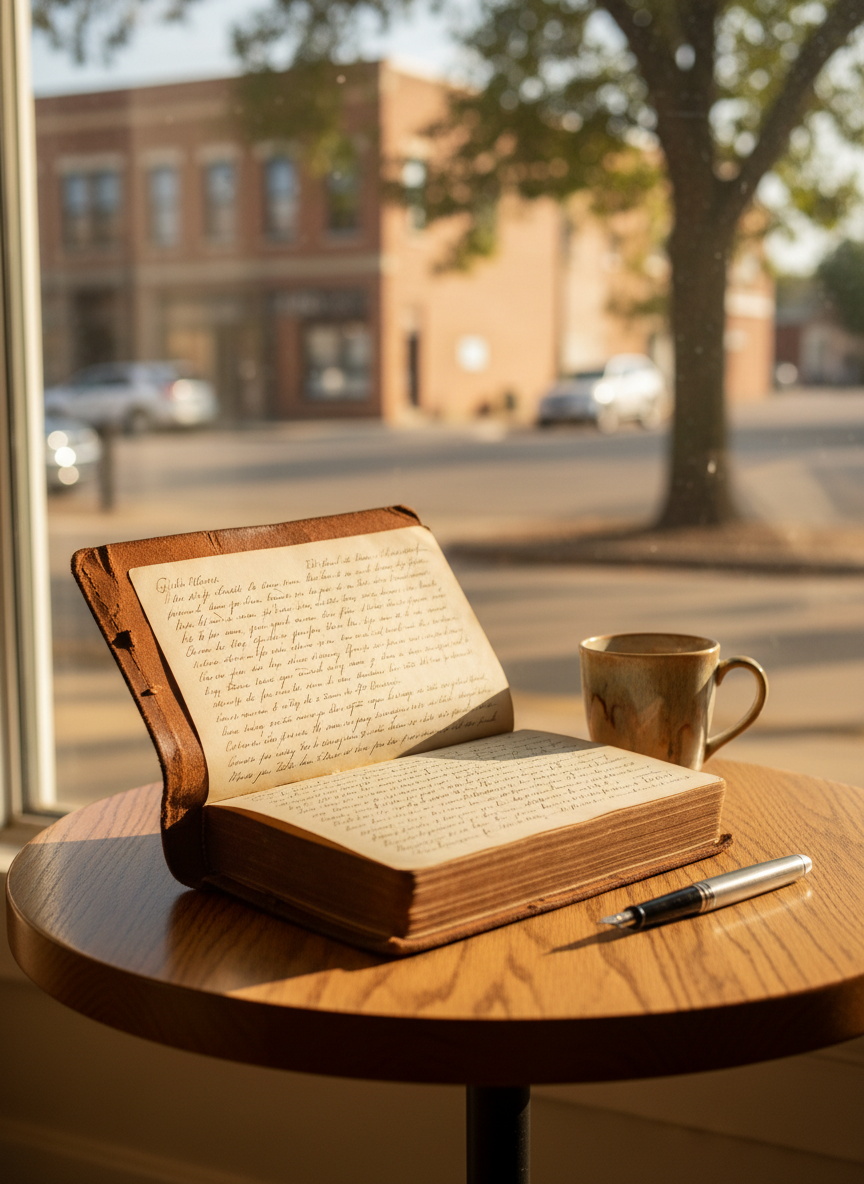 A weathered, leather-bound journal lying open on a small oak table beside a sunlit window, its cream pages filled with faint, handwritten lines that suggest personal reflections without being readable. Outside the slightly wavy glass, an out-of-focus hint of a quiet Midwestern main street evokes Uranus, Missouri without any signage. Soft afternoon light pours in, creating gentle highlights on the journal’s textured cover and long, contemplative shadows across the wood grain. Photographic realism, shot at eye level with a shallow depth of field so the journal is crisply detailed while the town beyond melts into bokeh. The atmosphere is introspective and sophisticated, suggesting a thoughtful slice-of-life blog about how one mind observes the world.