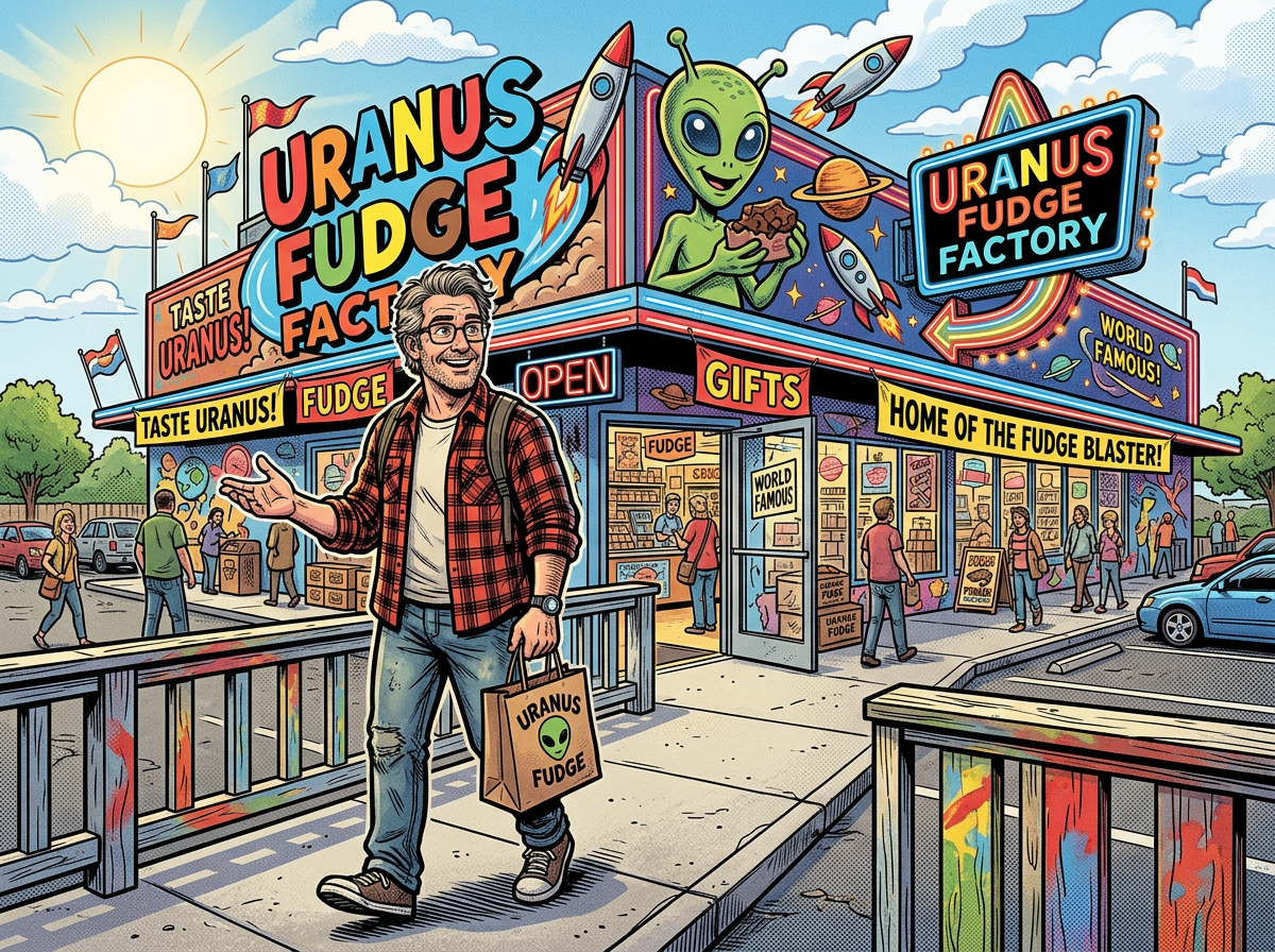 Man carrying Uranus Fudge shopping bag outside colorful fudge factory with alien mural