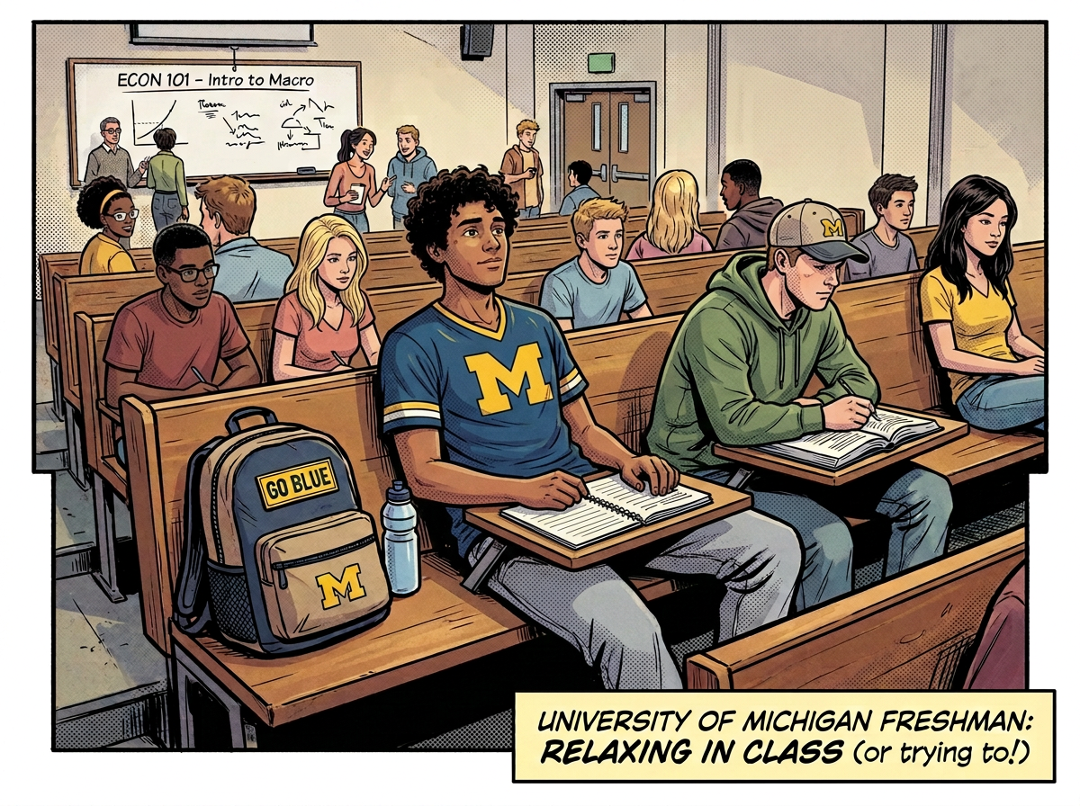 University of Michigan freshman leaning back relaxed in a lecture hall with backpack and water bottle